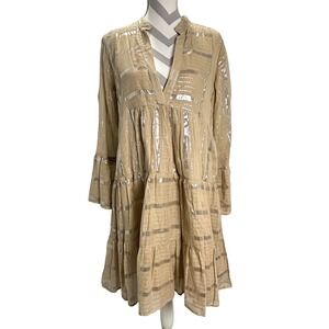 Natural Impressions Babydoll Dress Silver Lurex Striped Tiered Long Sleeve M‎